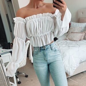 Off Shoulder White Cropped Long‎ Sleeve Ruffles Puff Sleeve top cottage boho top